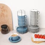 Sweejar Porcelain Espresso Cups with Saucers, 4 Ounce Stackable Cappuccino Cups with Metal Stand for Coffee Drinks, Latte, Tea - Set of 4 (Fog blue)