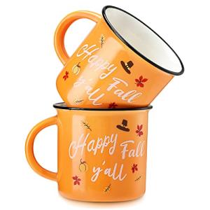 2 Pieces Autumn Coffee Mug Happy Fall Y'all Camper Cup Thanksgiving Ceramic Pumpkin Mugs 14oz Ceramic Campfire Coffee Cup for Office Home Thank You Gift for Women Men Mom Dad Christian