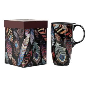 Topadorn Ceramic Coffee Travel Mug with Handle and Splash-Resistant Slider Lid, Suitable for Coffee and Tea, Microwave & Dishwasher Safe, Colorful Feather