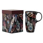 Topadorn Ceramic Coffee Travel Mug with Handle and Splash-Resistant Slider Lid, Suitable for Coffee and Tea, Microwave & Dishwasher Safe, Colorful Feather