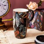 Topadorn Ceramic Coffee Travel Mug with Handle and Splash-Resistant Slider Lid, Suitable for Coffee and Tea, Microwave & Dishwasher Safe, Colorful Feather