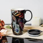 Topadorn Ceramic Coffee Travel Mug with Handle and Splash-Resistant Slider Lid, Suitable for Coffee and Tea, Microwave & Dishwasher Safe, Colorful Feather