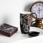 Topadorn Ceramic Coffee Travel Mug with Handle and Splash-Resistant Slider Lid, Suitable for Coffee and Tea, Microwave & Dishwasher Safe, Colorful Feather