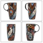 Topadorn Ceramic Coffee Travel Mug with Handle and Splash-Resistant Slider Lid, Suitable for Coffee and Tea, Microwave & Dishwasher Safe, Colorful Feather