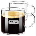 Pack of 2 Clear Glass Coffee Mugs – 13 oz Heavy-Duty Thick-Walled Cups for Hot Beverages – Durable, Elegant, Heat-Resistant Glassware for Coffee, Tea, Lattes, and More