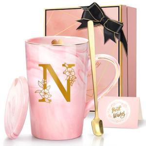 Coffee Mugs - Birthday Gifts for Women, Personalized Initial Customized Mug Tea Cup with Lid 14 Oz Pink, Spoon Greeting Card, Luxury Gift-Boxed Christmas Gift for Her Wife Mom Grandma Friend Unique,N