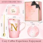 Coffee Mugs - Birthday Gifts for Women, Personalized Initial Customized Mug Tea Cup with Lid 14 Oz Pink, Spoon Greeting Card, Luxury Gift-Boxed Christmas Gift for Her Wife Mom Grandma Friend Unique,N
