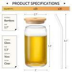 VITEVER [ 20pcs Set ] Glass Cups with Bamboo Lids and Glass Straw - Beer Shaped 16 oz Iced Coffee Drinking Glasses, Cute Tumbler Cup for Smoothie, Boba Tea, Whiskey, Water