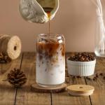 VITEVER [ 20pcs Set ] Glass Cups with Bamboo Lids and Glass Straw - Beer Shaped 16 oz Iced Coffee Drinking Glasses, Cute Tumbler Cup for Smoothie, Boba Tea, Whiskey, Water