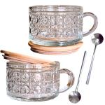Love, Alana Diamond Pattern Glass Vintage Coffee Mugs, Set of 2, 14oz, Solid Bamboo Lids, Silver Spoon - Embossed, Vesatile Container - Perfect for Overnight Oats, Soup, Hot & Cold Drinks, Gift