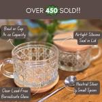 Love, Alana Diamond Pattern Glass Vintage Coffee Mugs, Set of 2, 14oz, Solid Bamboo Lids, Silver Spoon - Embossed, Vesatile Container - Perfect for Overnight Oats, Soup, Hot & Cold Drinks, Gift