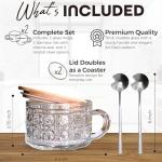 Love, Alana Diamond Pattern Glass Vintage Coffee Mugs, Set of 2, 14oz, Solid Bamboo Lids, Silver Spoon - Embossed, Vesatile Container - Perfect for Overnight Oats, Soup, Hot & Cold Drinks, Gift