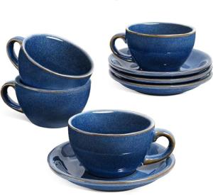 LE TAUCI 6 oz Cappuccino Cups with Saucers, Ceramic Coffee Cup for Au Lait, Double shot, Latte, Cafe Mocha, Tea - Set of 4, Ceylon Blue