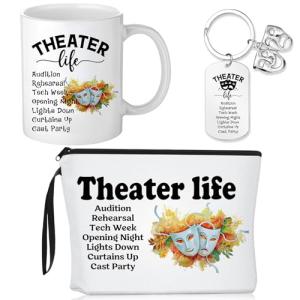 Didaey 3 Pcs Musical Theater Gifts for Women Funny Theatre Lover Gifts Theatre Makeup Bag Theater Life Cosmetic Bag 11.2 oz Coffee Mug Mask Keychain for Actors Actress