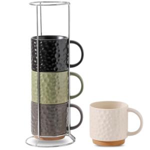 Nihow Ceramic Coffee Mug Set of 4, 16OZ Stackable Coffee Mug Set with Stainless Stand,Large Cup Set for Cappuccino,Tea,Hot/Cold Drinks,Dishwasher & Microwave Safe,Mixing Color