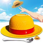 shiningsoul 4 PCS OP Anime Novelty Straw Hat Ceramic Coffee Mug Set - Lufffffy Hat 3D Mug with Saucer, Engraved Spoon & Enamel Pin, Collectible Tea/Coffee Accessories for Drinkware Anime Gift