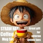 shiningsoul 4 PCS OP Anime Novelty Straw Hat Ceramic Coffee Mug Set - Lufffffy Hat 3D Mug with Saucer, Engraved Spoon & Enamel Pin, Collectible Tea/Coffee Accessories for Drinkware Anime Gift
