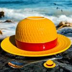 shiningsoul 4 PCS OP Anime Novelty Straw Hat Ceramic Coffee Mug Set - Lufffffy Hat 3D Mug with Saucer, Engraved Spoon & Enamel Pin, Collectible Tea/Coffee Accessories for Drinkware Anime Gift