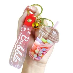 HSYHERE Luminous Lovely Summer Colourful Bean Bubble Tea Keychain Milk Tea Cup Keyring Moving Sand Key Chain Ring Bag Pendant Gift-pink