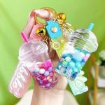 HSYHERE Luminous Lovely Summer Colourful Bean Bubble Tea Keychain Milk Tea Cup Keyring Moving Sand Key Chain Ring Bag Pendant Gift-pink