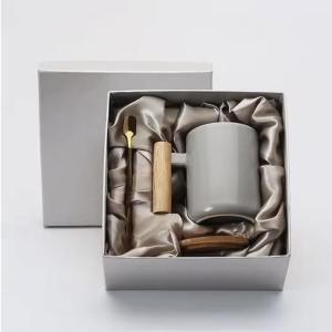 Ceramic Coffee Mug with Bamboo Lid, Wooden Handle and Spoon, Multiple Colors (gray)