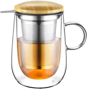 glastal Tea Infuser Mug 14.5oz Insulated Heatproof Glass Tea Cup with Removable Infuser and Lid, Clear Glass Teacup 430ml Double Wall Borosilicate Glass Teacup for Loose Tea, Gifts for Parents Dad Mum