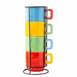 MECOWON 12 OZ Porcelain Stackable Mugs with Rack, Set of 4 Coffee Mugs for Coffee, Cocoa, Milk and Tea, Multicolor, Gift for Cozy, Holiday Gatherings