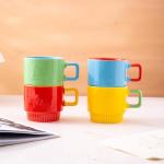 MECOWON 12 OZ Porcelain Stackable Mugs with Rack, Set of 4 Coffee Mugs for Coffee, Cocoa, Milk and Tea, Multicolor, Gift for Cozy, Holiday Gatherings