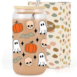 Coolife Halloween Pumpkin Ghost Skull Fall Cup - 16 oz Pumpkins Fall Mug, Iced Coffee Glass Tumbler, Spooky Glass Cups w/Lids Straws, Goth Spooky Gifts for Her, Halloween Gifts for Women Teen