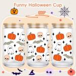 Coolife Halloween Pumpkin Ghost Skull Fall Cup - 16 oz Pumpkins Fall Mug, Iced Coffee Glass Tumbler, Spooky Glass Cups w/Lids Straws, Goth Spooky Gifts for Her, Halloween Gifts for Women Teen