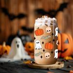 Coolife Halloween Pumpkin Ghost Skull Fall Cup - 16 oz Pumpkins Fall Mug, Iced Coffee Glass Tumbler, Spooky Glass Cups w/Lids Straws, Goth Spooky Gifts for Her, Halloween Gifts for Women Teen