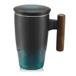 suyika Ceramic Tea Cup with Infuser and Lid Tea Mugs Wooden Handle 400ml/13.5oz Dark Green