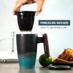 suyika Ceramic Tea Cup with Infuser and Lid Tea Mugs Wooden Handle 400ml/13.5oz Dark Green