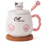 Bgbg Cute Cat Mug, Novelty Ceramic Coffee Tea Milk Cup with Lovely Kitty Lid, Kawaii Claw Spoon, Anime Coaster, Novelty Things Birthday Christmas Gift for Cat Lovers Women Her, 14 oz, White