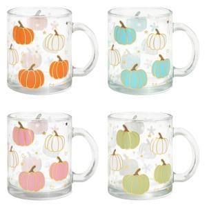 JarThenaAMCS 4Pcs Fall Glass Coffee Mug with Handle Orange Blue Pink Green Pumpkin Coffee Cups Autumn Thanksgiving Drinking Glasses for Hot Cold Drinks, 12oz