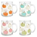 JarThenaAMCS 4Pcs Fall Glass Coffee Mug with Handle Orange Blue Pink Green Pumpkin Coffee Cups Autumn Thanksgiving Drinking Glasses for Hot Cold Drinks, 12oz