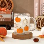 JarThenaAMCS 4Pcs Fall Glass Coffee Mug with Handle Orange Blue Pink Green Pumpkin Coffee Cups Autumn Thanksgiving Drinking Glasses for Hot Cold Drinks, 12oz