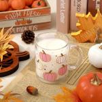 JarThenaAMCS 4Pcs Fall Glass Coffee Mug with Handle Orange Blue Pink Green Pumpkin Coffee Cups Autumn Thanksgiving Drinking Glasses for Hot Cold Drinks, 12oz