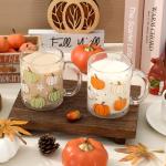 JarThenaAMCS 4Pcs Fall Glass Coffee Mug with Handle Orange Blue Pink Green Pumpkin Coffee Cups Autumn Thanksgiving Drinking Glasses for Hot Cold Drinks, 12oz