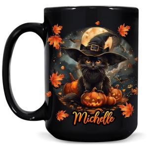 Hyturtle Personalized Halloween Black Cat Mug - Black Cat Gifts For Women Lover - Pet Spooky Season Gifts For Her Lover - Halloween Decor For Birthday - Custom Name Coffee Cup Ceramic Mug 11 Oz 15 Oz