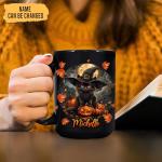 Hyturtle Personalized Halloween Black Cat Mug - Black Cat Gifts For Women Lover - Pet Spooky Season Gifts For Her Lover - Halloween Decor For Birthday - Custom Name Coffee Cup Ceramic Mug 11 Oz 15 Oz