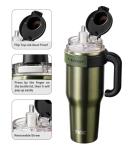 TKK 40 oz Tumblers with Handle and Straw, Ceramic Coating Insulated Bottle 100% Leakproof Travel Mug for Water, Iced Tea or Coffee, Smoothie, Cup Holder Friendly Base, Olive Green