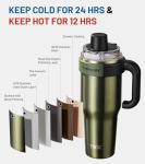 TKK 40 oz Tumblers with Handle and Straw, Ceramic Coating Insulated Bottle 100% Leakproof Travel Mug for Water, Iced Tea or Coffee, Smoothie, Cup Holder Friendly Base, Olive Green