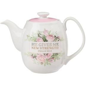 Christian Art Gifts Women's White Ceramic Teapot for One: He Gives Me New Strength - Psalm 23:3 Inspirational Bible Verse, Novelty/Vintage Pink Rose Flower Bouquet w/Golden Foil for Hot & Cold, 32 oz.