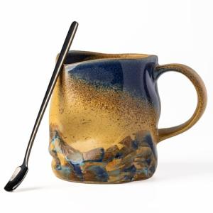 TaoTaojarvie Handmade Ceramic Coffee Mugs, Mugs with Coffee Spoon, 11oz, Handmade Pottery Mug with Handle, Hand-painting, Unique Uneven Surface Tea cups, Dishwasher and Microwave Safe (Yellow)