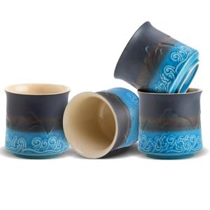 ZENS Japanese Tea Cups Set of 4, 8 oz Embossed Navy Blue Ceramic Japan Tea Cup for Hot Tea or Matcha, Japanese Style Handle-less, Occupied Japan Tea Cup, Asian Cups