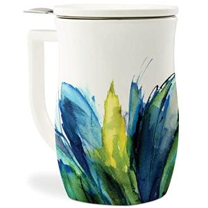 Tea Forte Blue Agave Fiore Ceramic 14 ounce Tea Mug with Infuser and Lid, Ceramic Cup with Handle for Steeping Loose Leaf Teas, Dishwasher & Microwave Safe