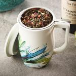 Tea Forte Blue Agave Fiore Ceramic 14 ounce Tea Mug with Infuser and Lid, Ceramic Cup with Handle for Steeping Loose Leaf Teas, Dishwasher & Microwave Safe