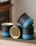 ZENS Japanese Tea Cups Set of 4, 8 oz Embossed Navy Blue Ceramic Japan Tea Cup for Hot Tea or Matcha, Japanese Style Handle-less, Occupied Japan Tea Cup, Asian Cups