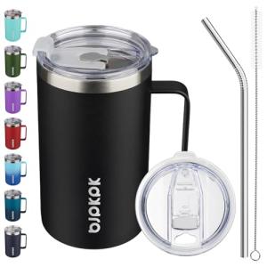 BJPKPK Insulated Coffee Mug with 2 Lids, 25oz Stainless Steel Insulated Tumbler with Handle, Double Wall Vacuum Coffee Cups, BPA Free Travel Mug for Coffee, Tea and Drinks, Black